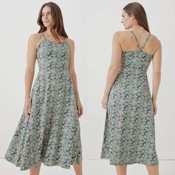 PACT Green Pink Floral Fit & Flare Racerback Summer Fall Midi Dress Size Large - Picture 2 of 10